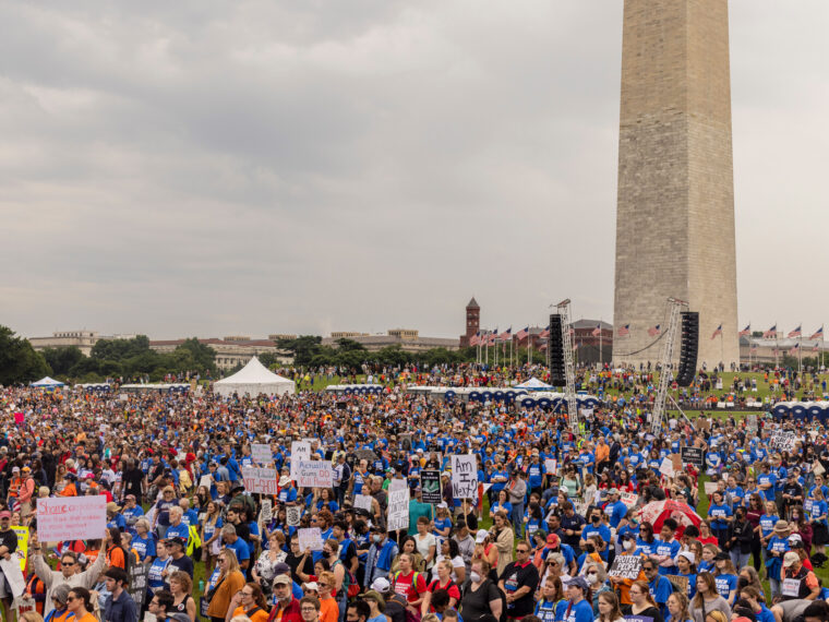 Protesters gather by the Washington Monument in DC for the second March For Our Lives.